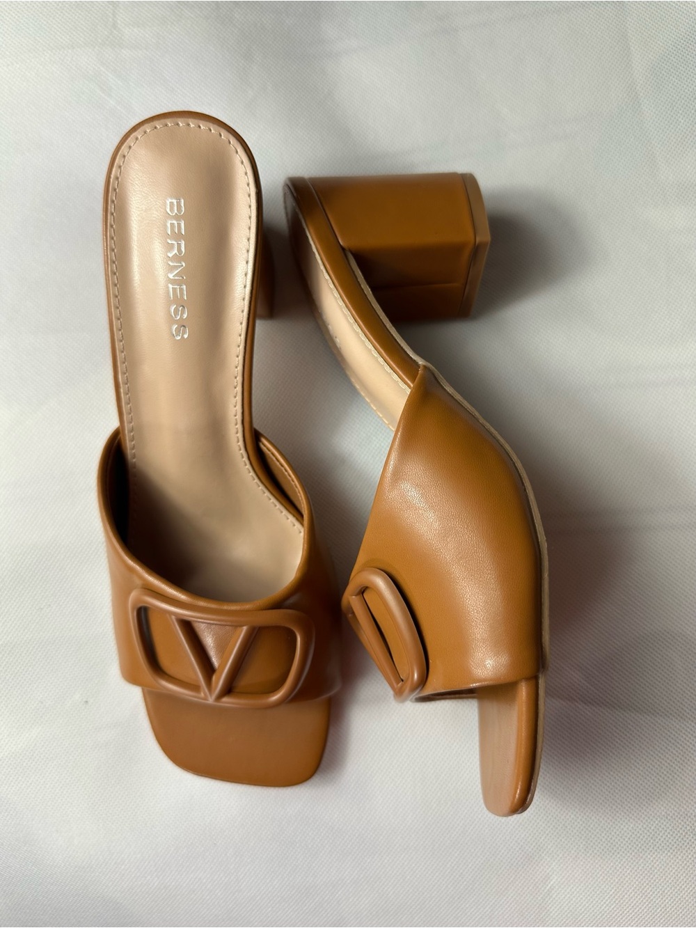 BERNESS Tan Leather Heeled Slide Sandals
